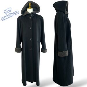 Mario De Pinto MDP Womens Black Long Wool Hooded Coat Sherpa Lined Made in USA